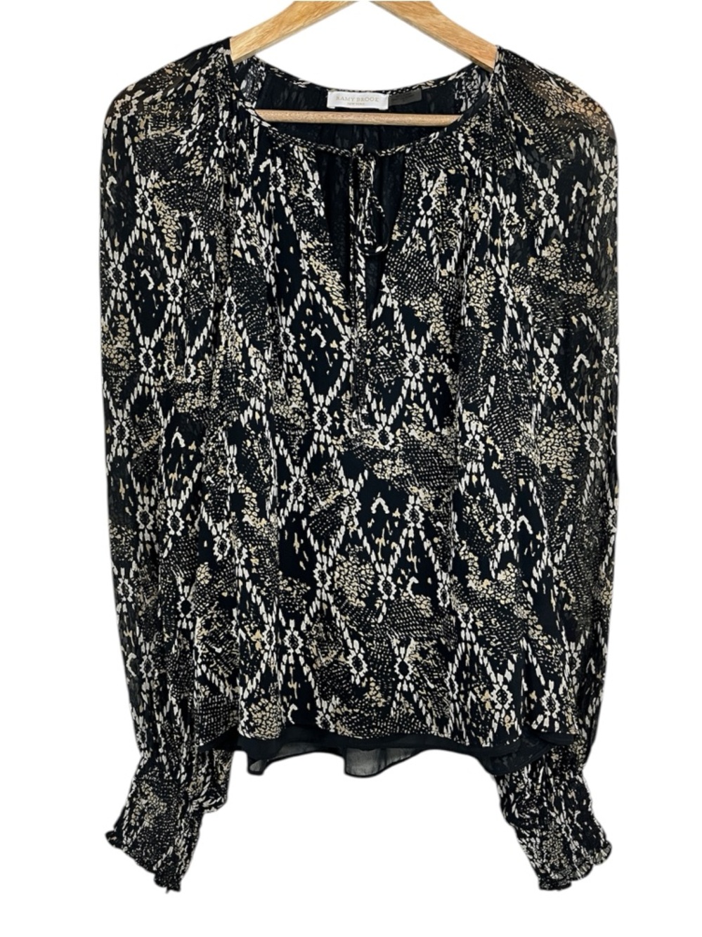 Ramy Brook Boho Black Cream Artsy Printed Billowing Long-Sleeve Tie Neck Blouse